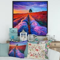 Полиња со лаванда со далечно дрво и зајдисонце сјај врамено сликарско платно уметничко печатење