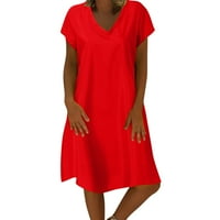 Outfmvch Црвен фустан Фустан Цврст Краток Ракав V Врат Фустан со Средна Должина женски фустани есенски фустани