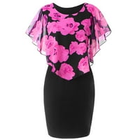 Huachen плус фустан со големина за жени, модни жени случајни розови печатени шифон о-врат руфли мини фустан