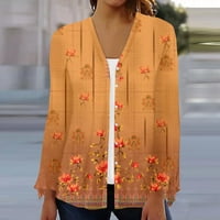 Кардиган за жени лесна отворена предна лабава лебава печатена печатена кошула со долги ракави, блуза јакна портокалова 2xl