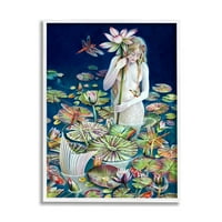 Sumn Industries сирена меѓу лилјаните во вода цветни езерце жена сликајќи бело врамен уметнички печатен wallид, дизајн од Шила