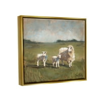 Семејство со овци и јагнешко месо, рурално пасење животни и инсекти кои сликаат златен плови, врамен уметнички печатен wallид