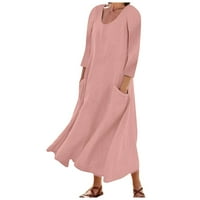 Летни Фустани За Жени V-Вратот Должина На Глуждот Слободно Време А-Линија Цврст Долг Ракав Фустан Розова XL