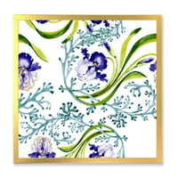 Апстрактна сина ирис со диви пролетни лисја врамени сликарски платно уметнички принт