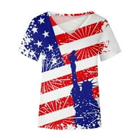 Летен Ден На Независноста Кошули За Жени В-Вратот Краток Ракав Печати Американско Знаме Обична Маица Блуза