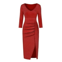 Женски Фустани Мода Со Средна Должина Цврста Обвивка Со Долги Ракави V-Летен Фустан Со Врат Црвен XL