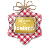 Божиќен Украс Жолт Патен Знак Добредојдовте Во Исланд Црвена карирана Неонблонда