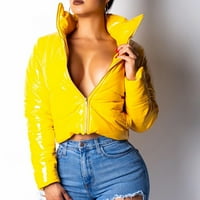 Пгерауг женски блузи Со Долги Ракави Сјаен Кожен Леб Надолу Јакна Патент Џебови зимски палта за жени Жолта 2XL