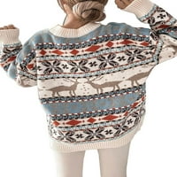 Женски Зимски Божиќ Споени Печатење Со Долги Ракави Плетени Џемпери Со Термички Пуловер