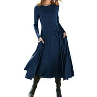 outfmvch фустан со долги ракави за жени секојдневен печатење на о-вратот дами лабава маица средно долг фустан со џеб женски