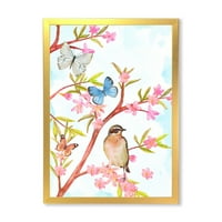 Паметна птица што седи на гранка на пролетно дрво со пеперутки врамени сликарски платно уметничко печатење