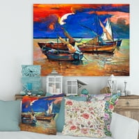 DesignArt 'Бродови на вода со темно сино небо i' езерото куќа платно wallидна уметност печатење